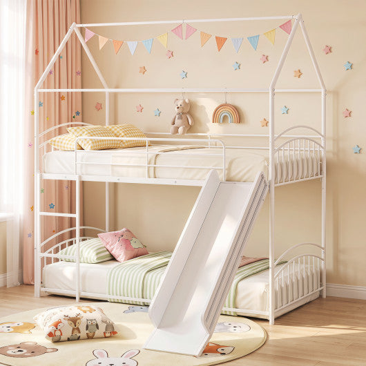 Bunk Bed Twin Over Twin House Bunk Bed Frame with Metal Slats-White