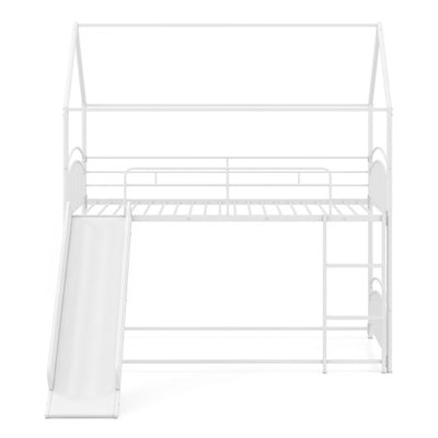 Bunk Bed Twin Over Twin House Bunk Bed Frame with Metal Slats-White