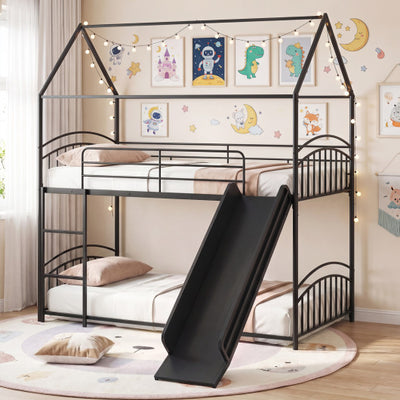 Bunk Bed Twin Over Twin House Bunk Bed Frame with Metal Slats-Black