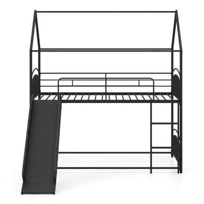 Bunk Bed Twin Over Twin House Bunk Bed Frame with Metal Slats-Black