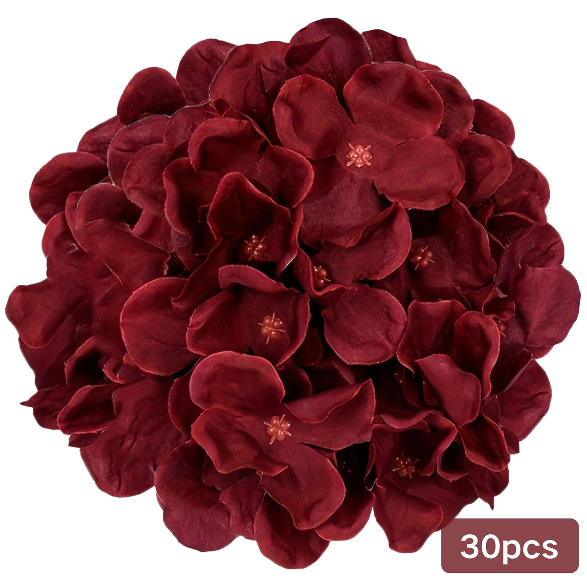 Burgundy Silk Hydrangea Heads with Wire Stems, 30 Pieces