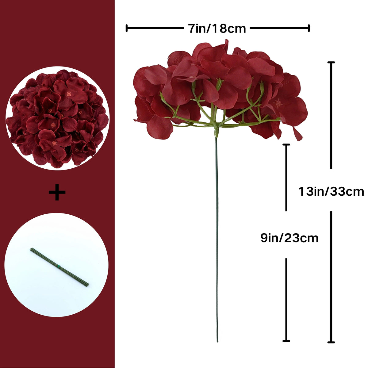Burgundy Silk Hydrangea Heads with Wire Stems, 30 Pieces