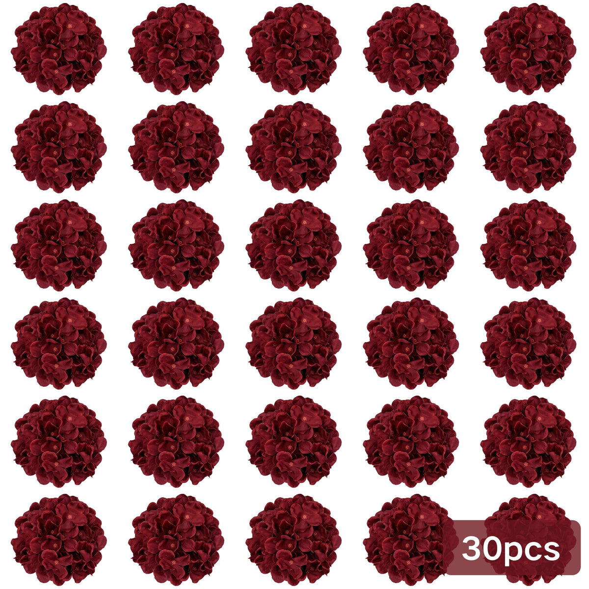 Burgundy Silk Hydrangea Heads with Wire Stems, 30 Pieces
