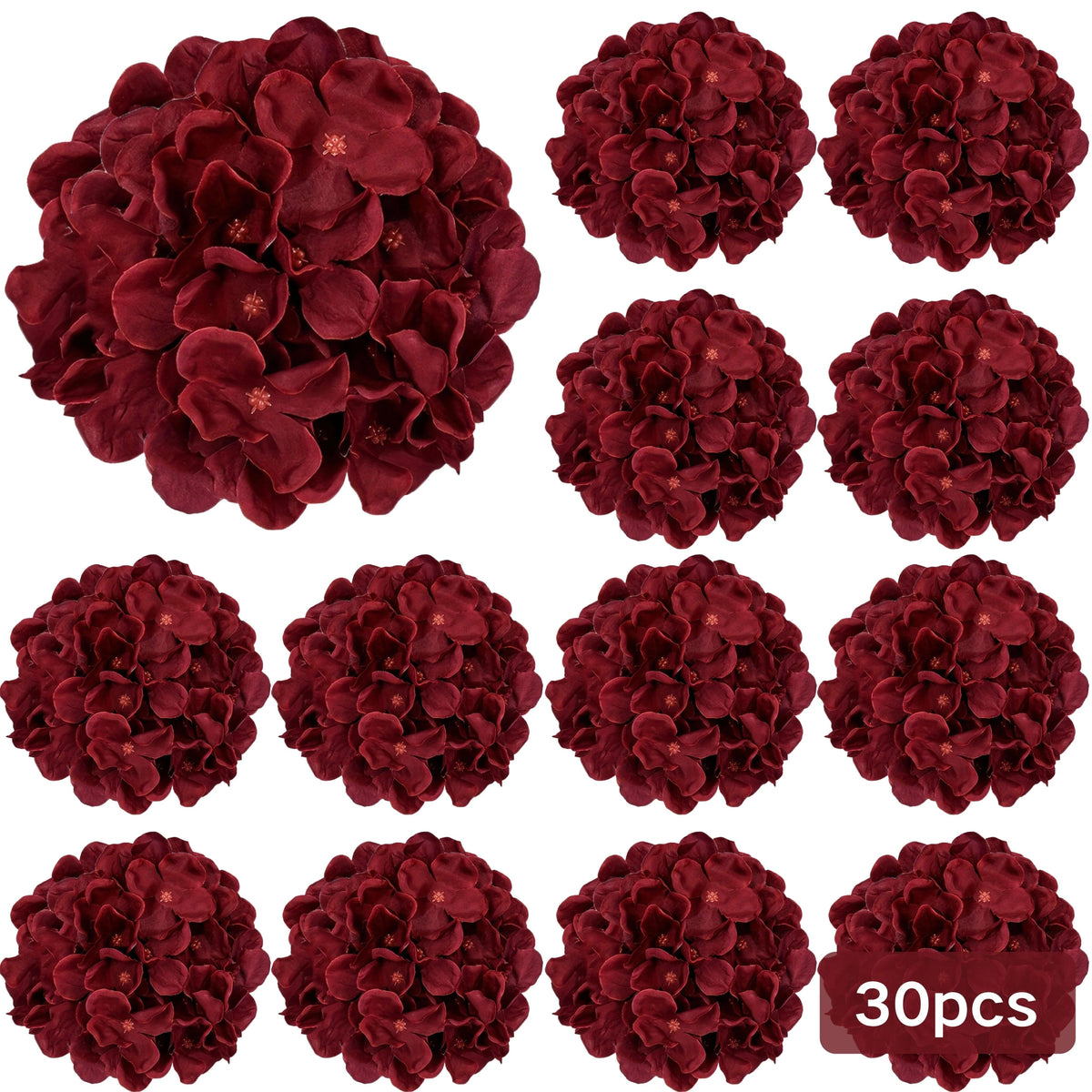 Burgundy Silk Hydrangea Heads with Wire Stems, 30 Pieces
