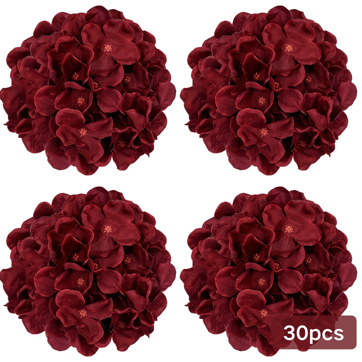 Burgundy Silk Hydrangea Heads with Wire Stems, 30 Pieces
