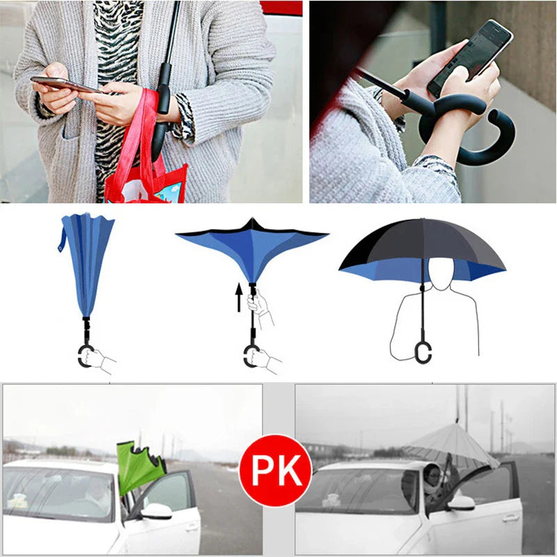 C Handle Windproof Reverse Folding Umbrella Man Women Sun Rain Car Inverted Umbrellas
