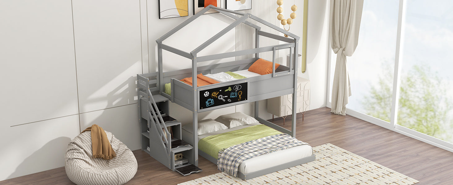 Twin over Full House Bunk Bed with Storage Staircase and Blackboard Gray