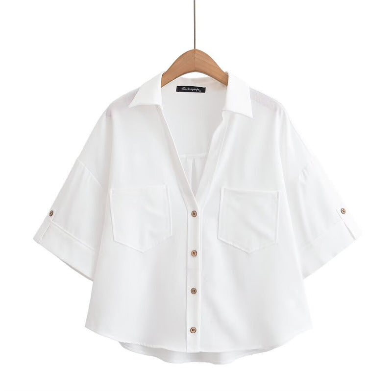 Elegant  Style Women's Fashion Casual Versatile V-Neck Short Sleeve Crop Shirt