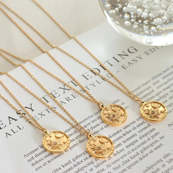 Zircon Star Moon Romantic Necklace Titanium Steel Gold Plated Round Pendant Neck Chain