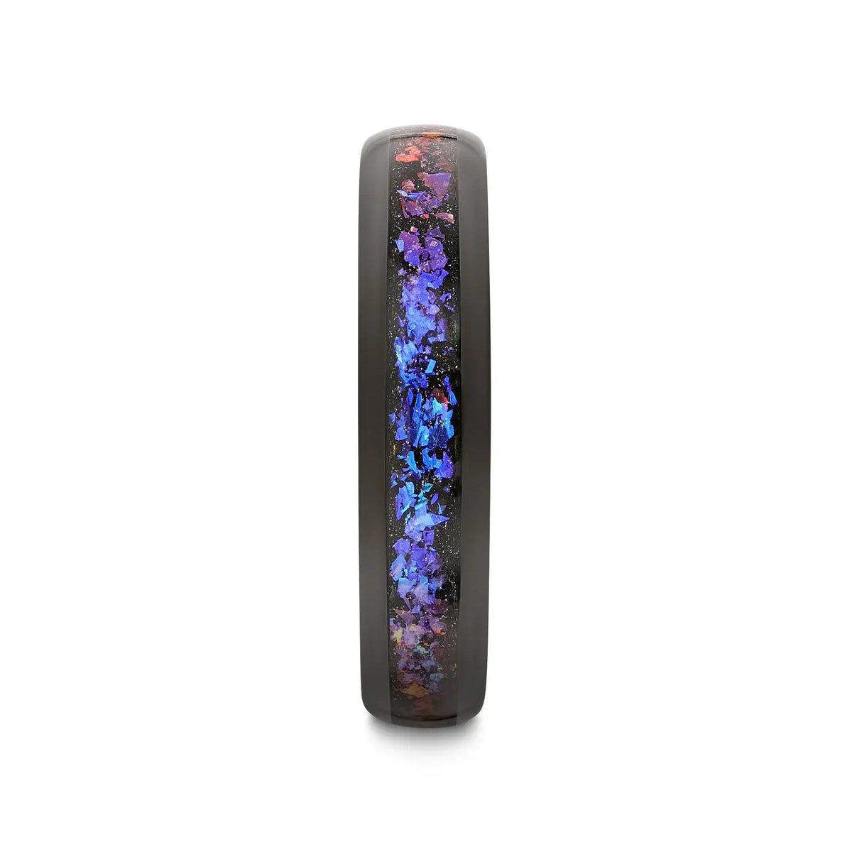 COSMIC Black Tungsten Ring with Crushed Alexandrite and Dark Blue & Purple Crushed Goldstone – 4mm to 8mm