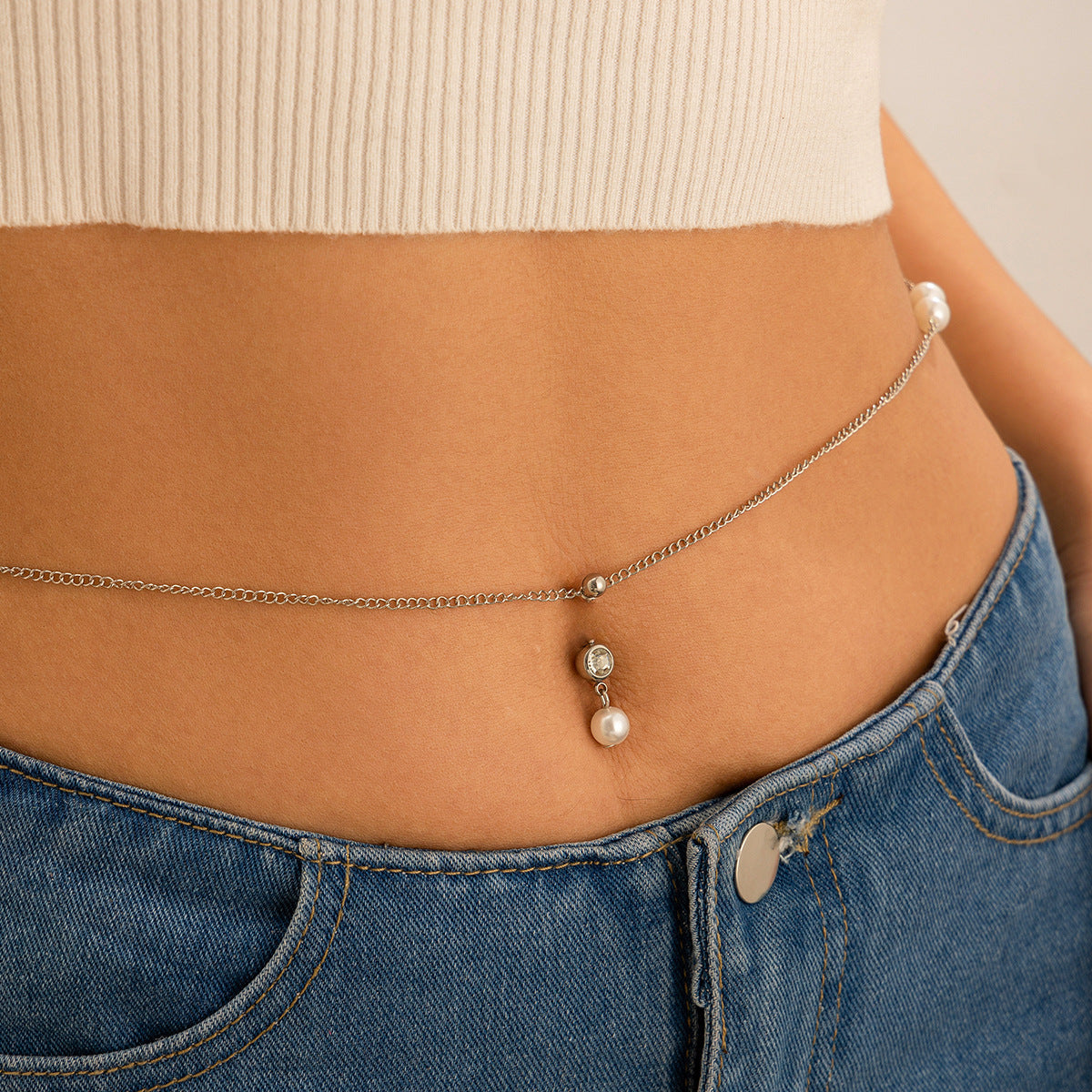 Zircon navel nail body chain sexy imitation pearl tassel chain