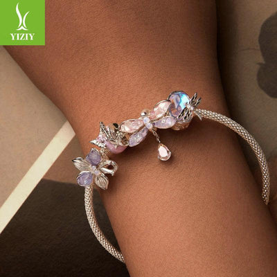Silver Charm Pink Butterfly DIY Silicone Positioning Bracelet with Separated Beads Romantic Spring Day s925 Pure Silver Beads Loose Beads