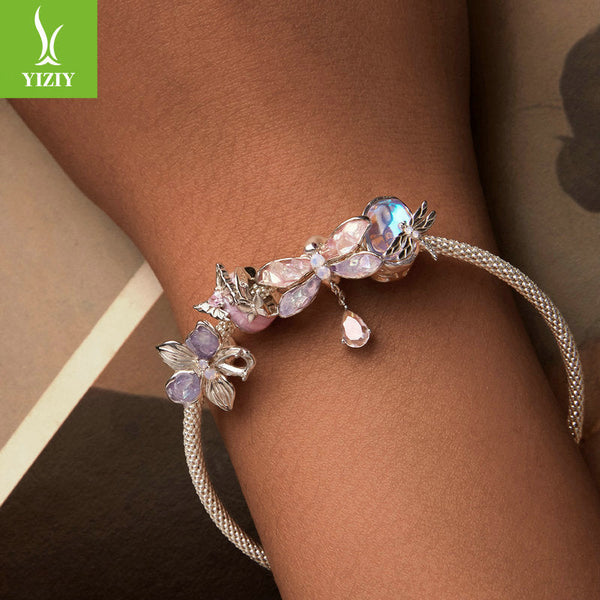 Silver Charm Pink Butterfly DIY Silicone Positioning Bracelet with Separated Beads Romantic Spring Day s925 Pure Silver Beads Loose Beads