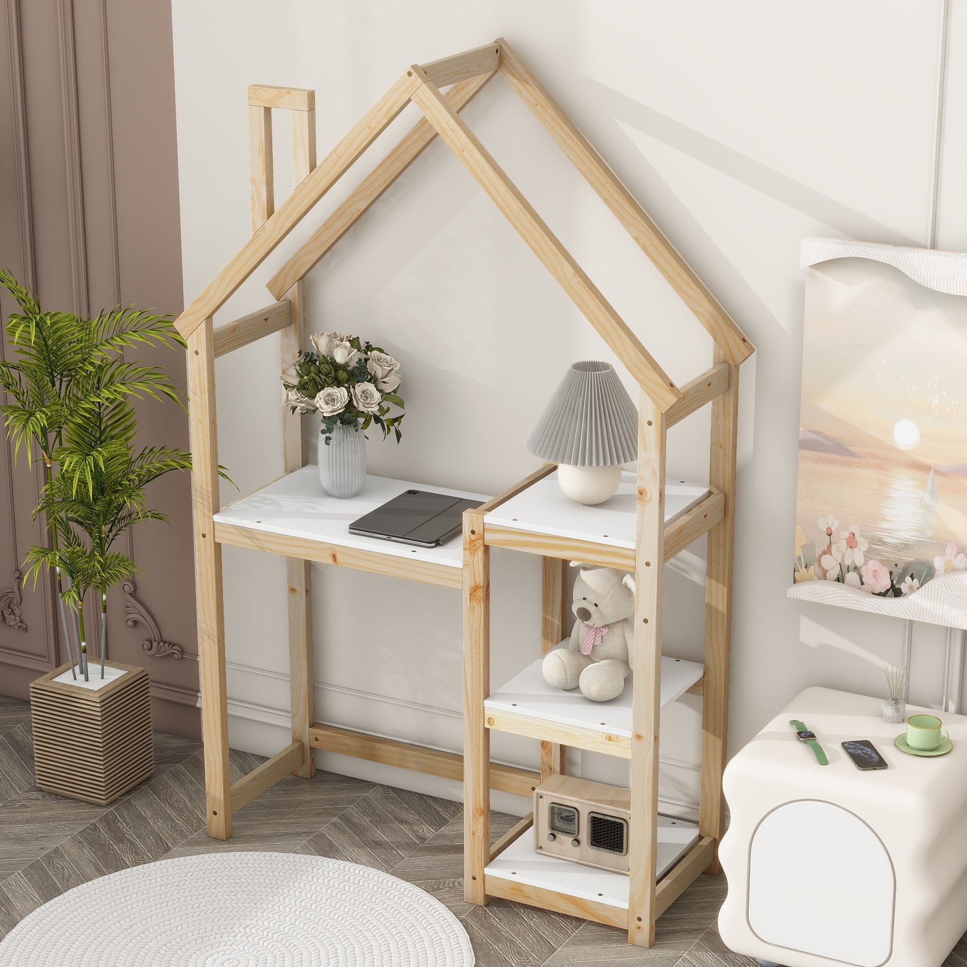 House-shaped Wooden writing Desk Kids study Table Bookshelf & Toy Storage Natural