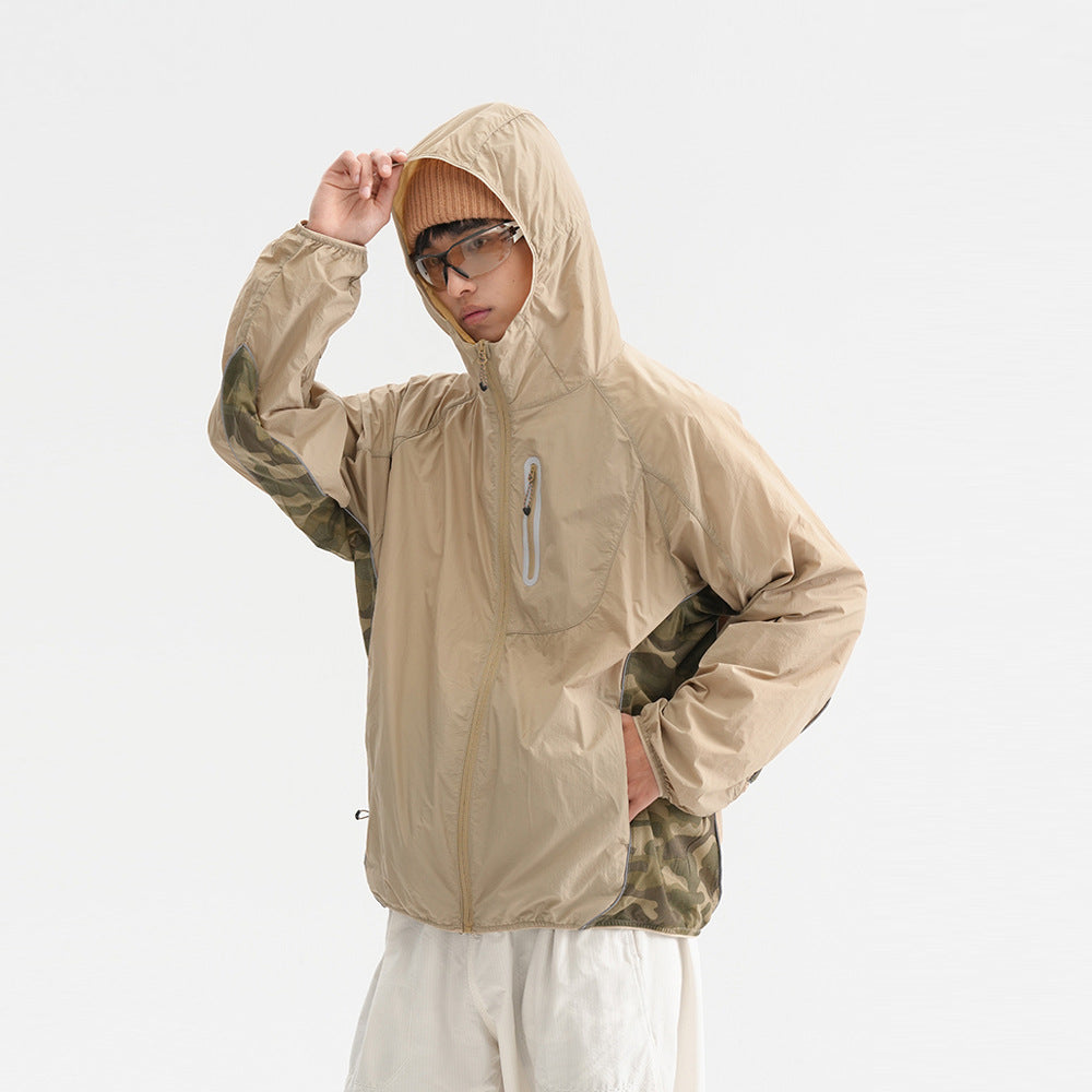 Camouflage Spliced Thin Hooded Sun Protection Clothing Men's Outdoor Sports Reflective Design Casual Jacket Trendy