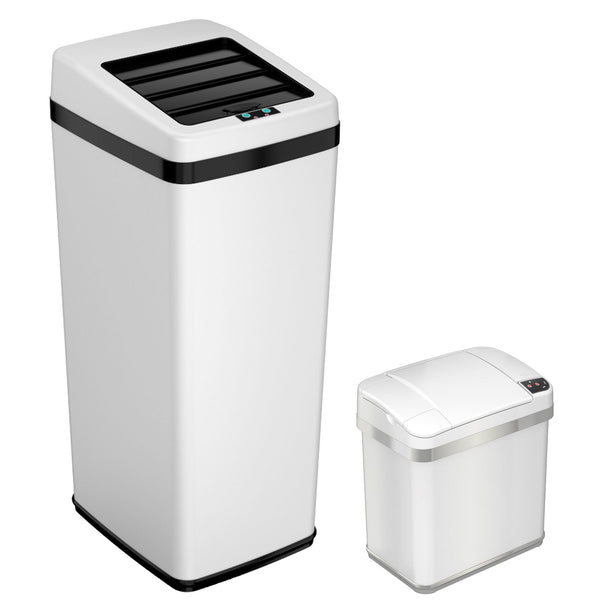 14 Gallon Sliding Lid Self-Contained Electric-Motor Sensor Kitchen Trash Can and 2.5 Gallon Sensor Bathroom Trash Can Combo Pack with AbsorbX