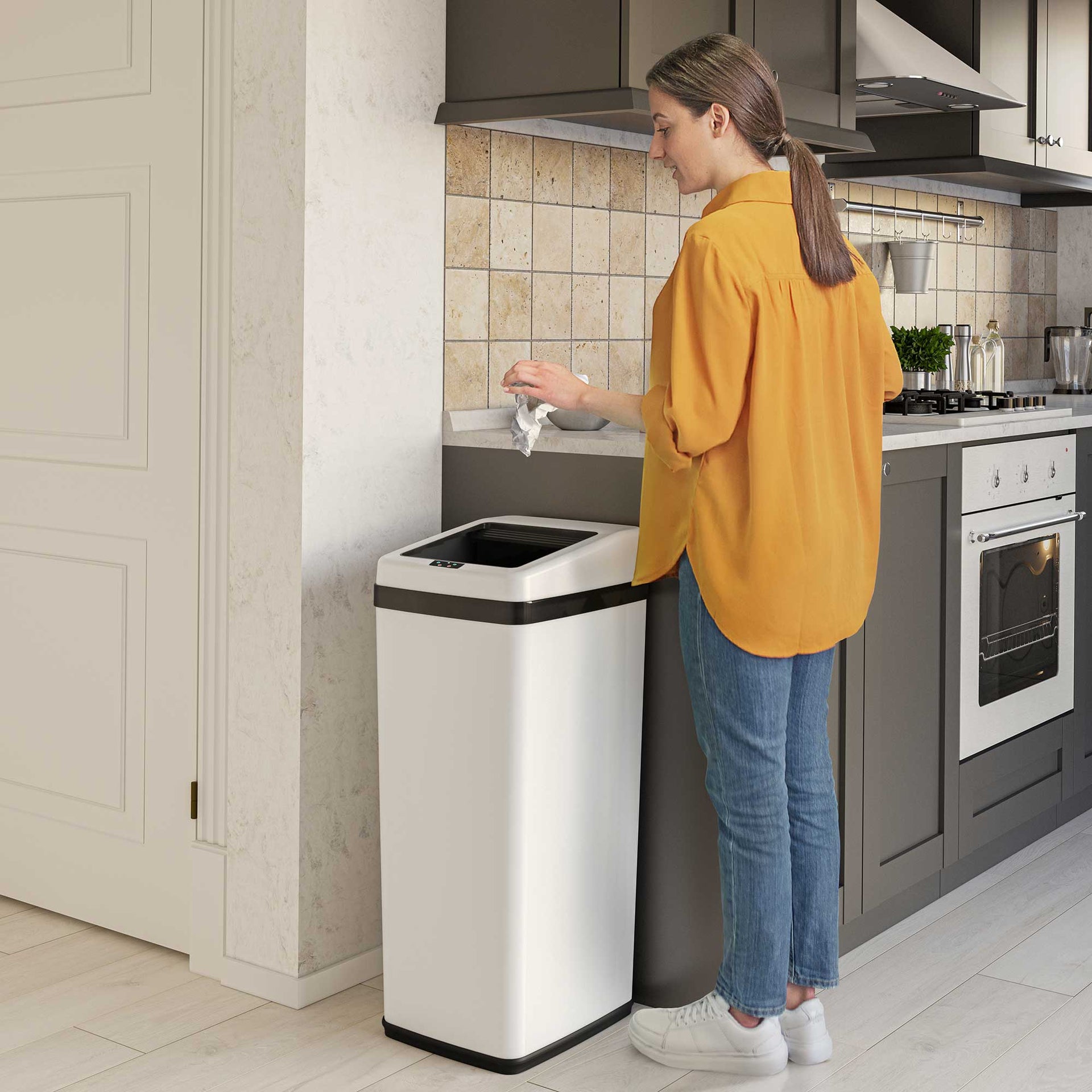 14 Gallon Sliding Lid Self-Contained Electric-Motor Sensor Kitchen Trash Can and 2.5 Gallon Sensor Bathroom Trash Can Combo Pack with AbsorbX
