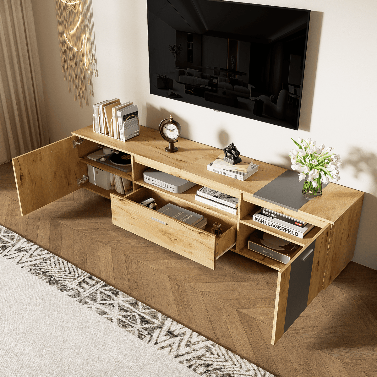 70 inch modern TV stand with 3 cabinets and drawers, entertainment center can accommodate TVs under 80 inches
