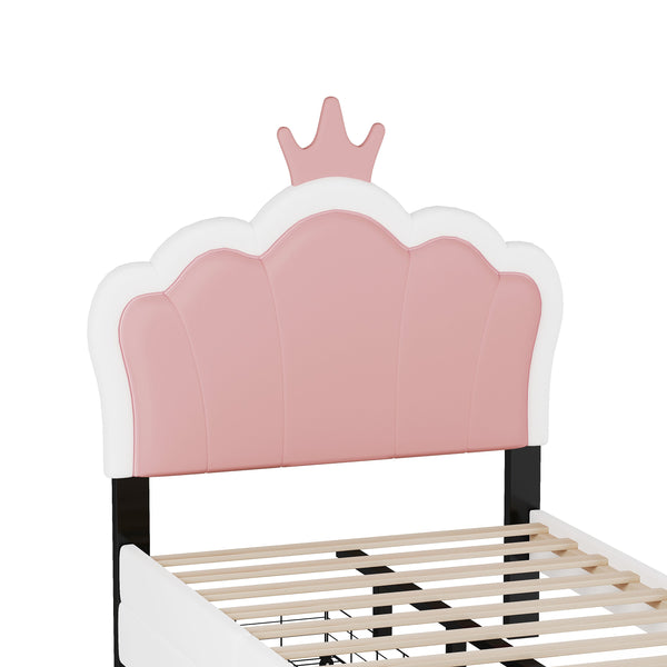 Twin cushion princess bed with crown headboard and 2 drawers with headboard and footrest, pink+white