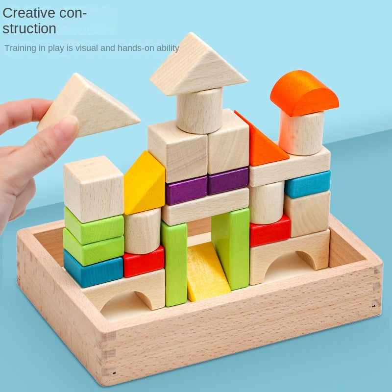 Wooden box packed building blocks, shape recognition, creativity, assembly thinking, exercise, color recognition, early education, interactive wooden toys