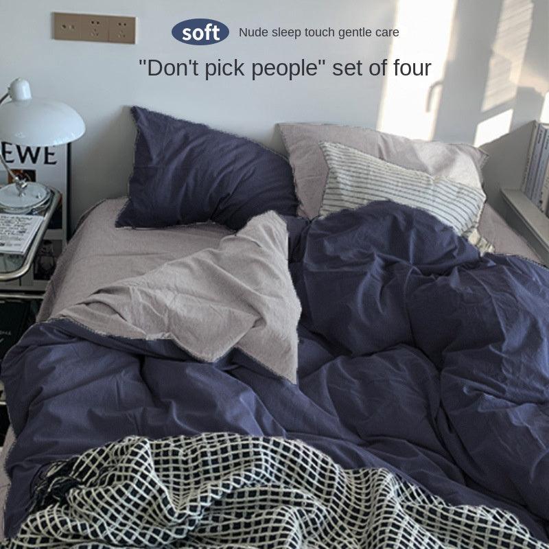 Solid Color Simple Four-Piece Set Flannel Quilt Cover INS Style Quilt Cover Dormitory Summer Washed Cotton Bedding Three-Piece Set