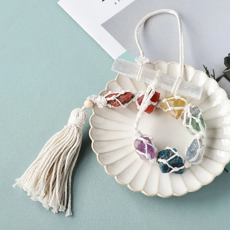 Natural Crystal Seven Color Gemstone Gypsum Rod DIY Wearing Mesh Bag Hanging Decoration Yellow Purple Crystal Car Hanging