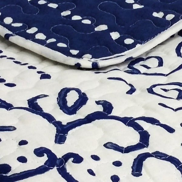 Close-up of a blue and white patterned quilt