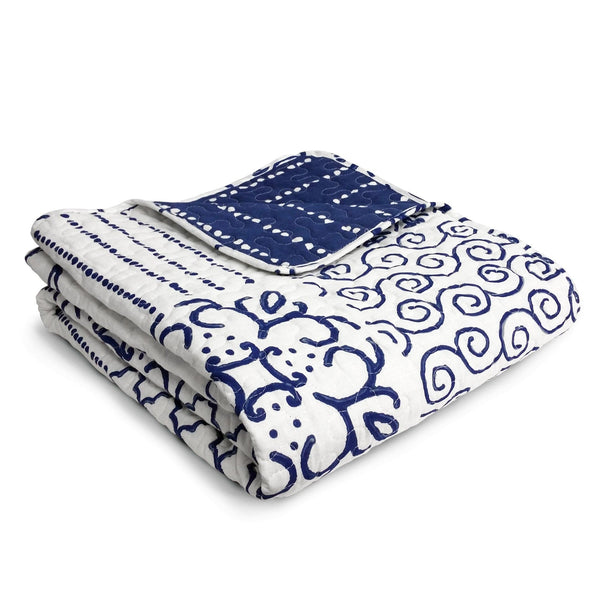 Folded blanket with blue and white pattern on a white background