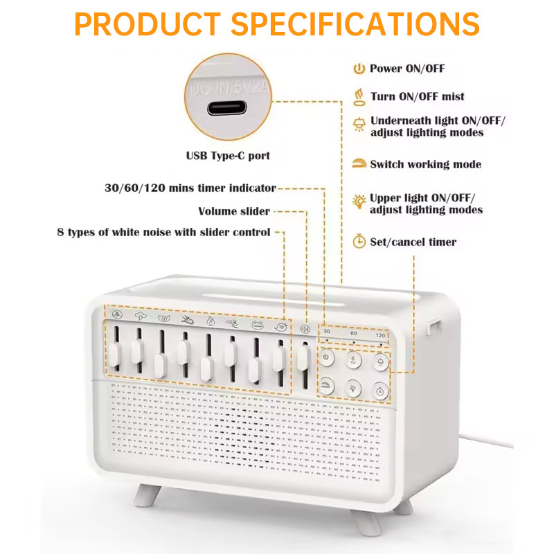 8 - Adjustable - White - Noise Air Aroma Diffuser Humidifier with Night Light and Bluetooth Speaker