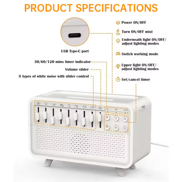 8 - Adjustable - White - Noise Air Aroma Diffuser Humidifier with Night Light and Bluetooth Speaker