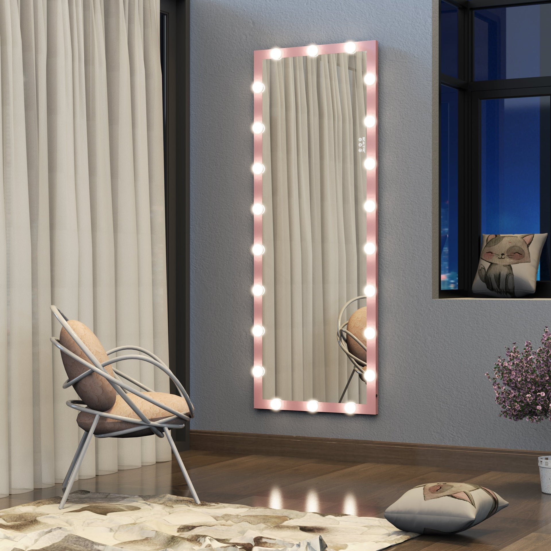 62.6-inch x 23.3-inch pink Hollywood illuminated full body vanity mirror with 3 color modesstanding floor mirror touch control