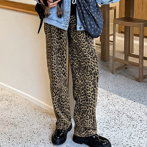 American retro leopard print casual pants with high waist design niche fashion loose and wide leg pants