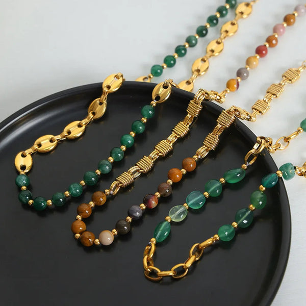 Agate bead chain design with titanium steel gold-plated necklace