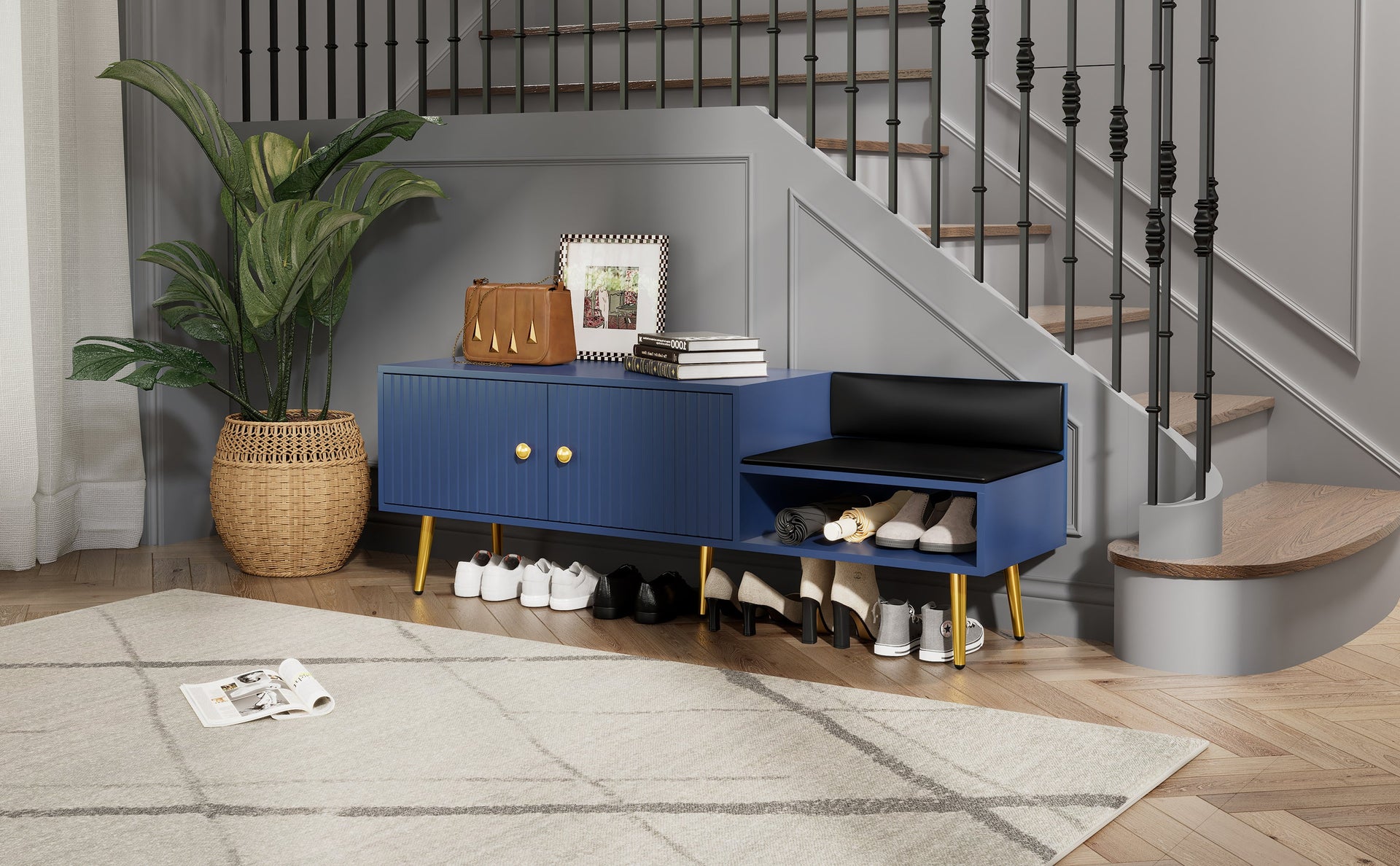 Modern Shoe Storage Bench with Hidden Storage and Upholstered Cushions for Bedside, Living Room and Entryway (Navy)