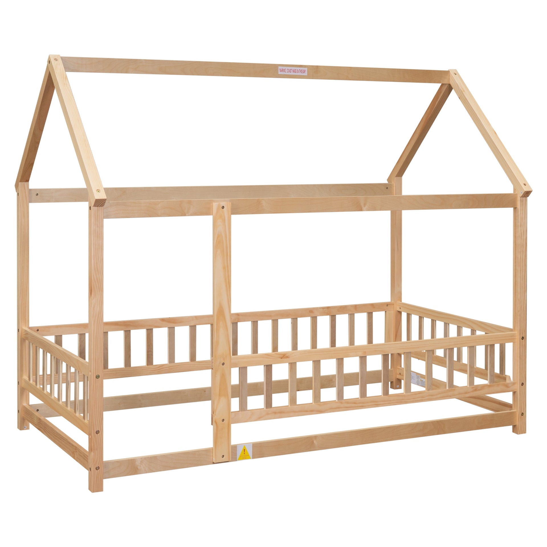 Twin Size Floor Wooden Bed with House Roof Frame, Fence Guardrails