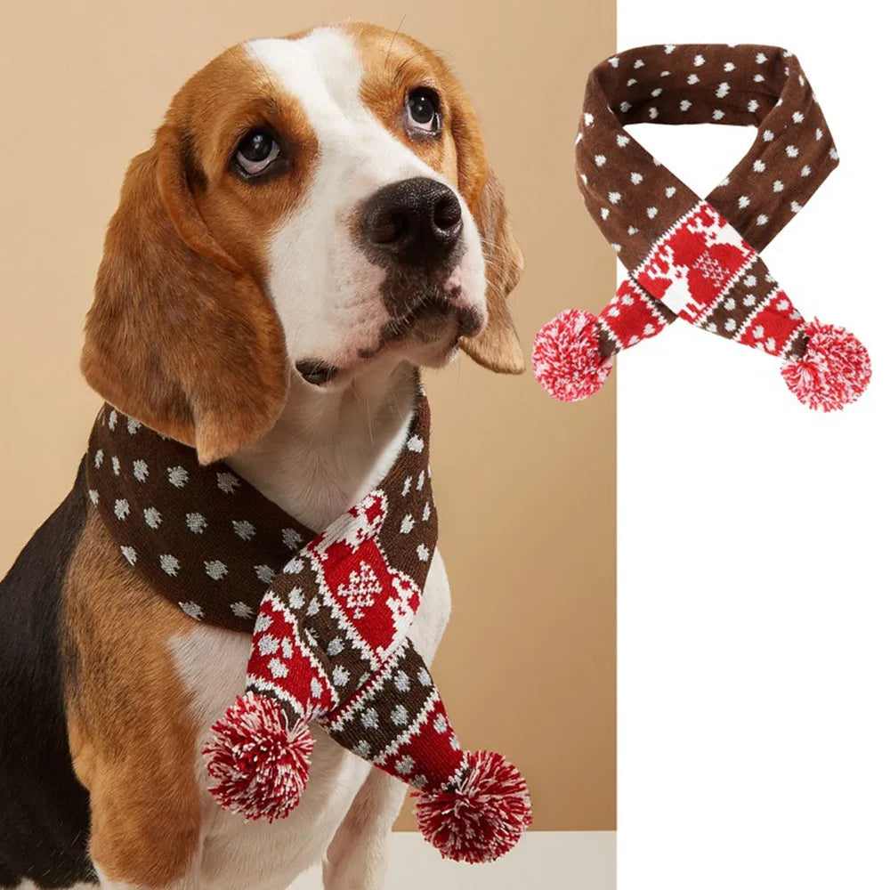 Christmas Dog Scarf Knitted Elk Scarf Striped Hair Ball Pet Scarf Outdoor Winter Warm Cat Dog Scarves Puppy Collar Pet Supplies