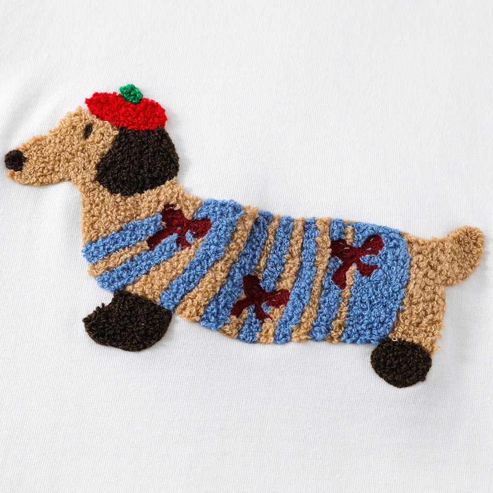 Sausage Dog Flocking Embroidery Short Sleeve T-Shirt Unisex INS Casual Loose Pure Cotton Top Summer Tee Street Fashion