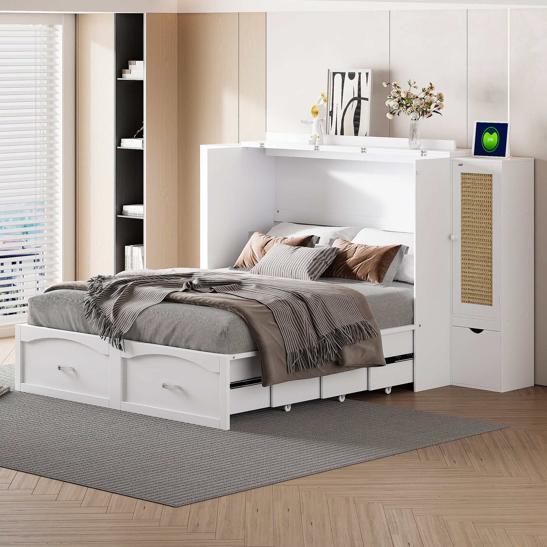 Large Murphy bed wall mounted bed with drawers, 2 storage cabinets, 1 set of sockets and USB ports, white