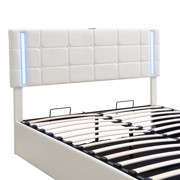 Full Size Upholstered Bed with LED Lights,Hydraulic Storage System and USB Charging Station,White V.I.P Digital Presence