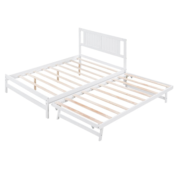 Full Size Platform Bed with Adjustable Trundle White