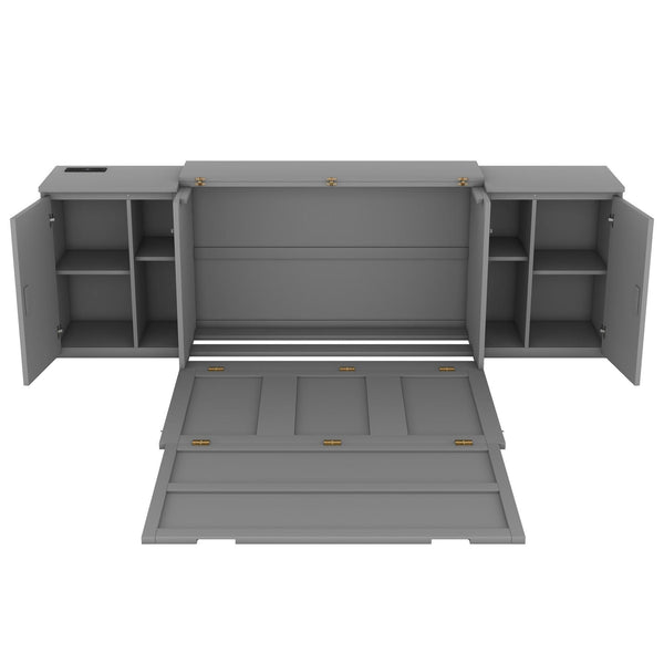 Full Size Murphy Bed with Shelves, Cabinets and USB Ports,Gray