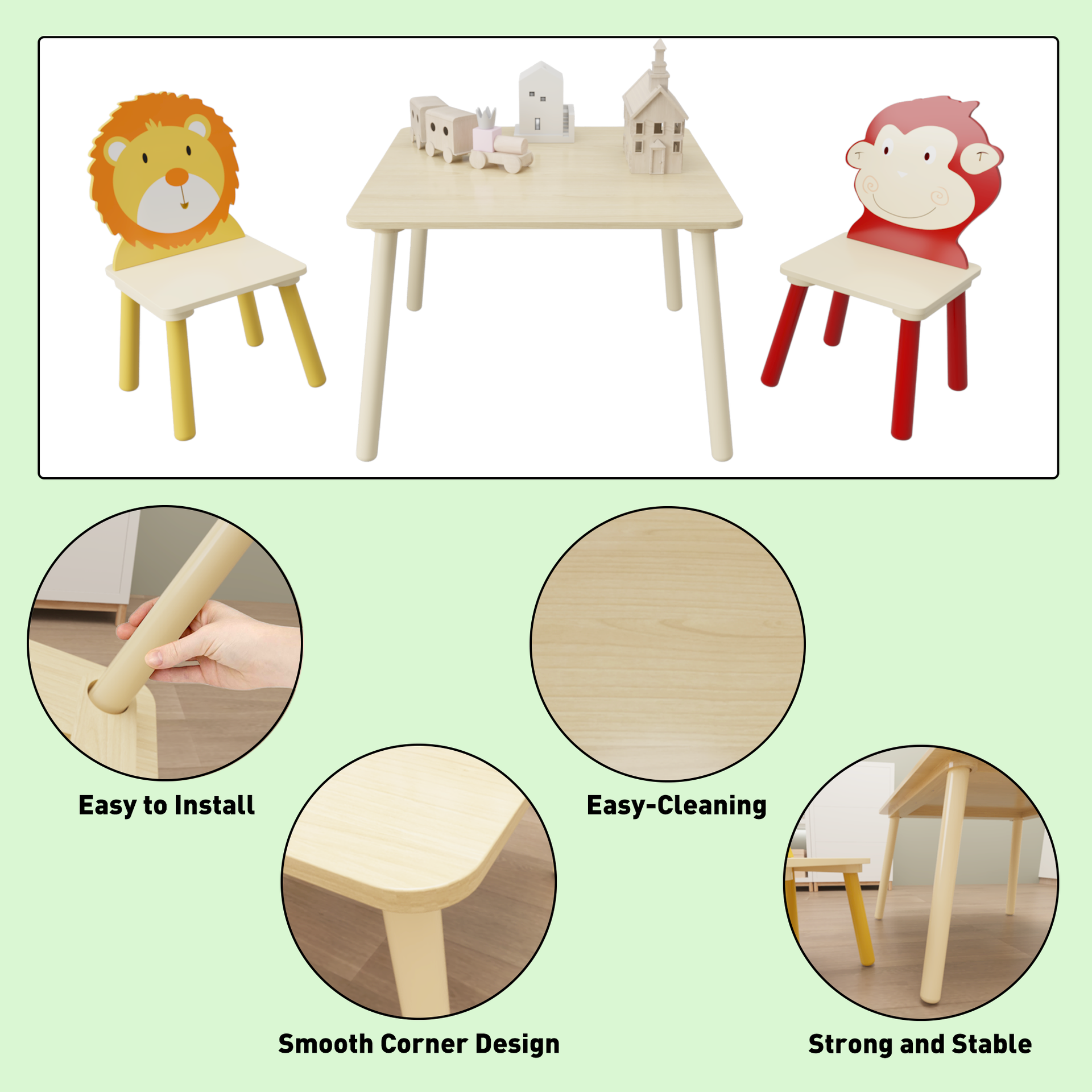 Kids Table and 2 Chairs Set 3 Pieces Toddler Table and Chair Set Wooden Activity Play Table Set (Lion&Monkey)