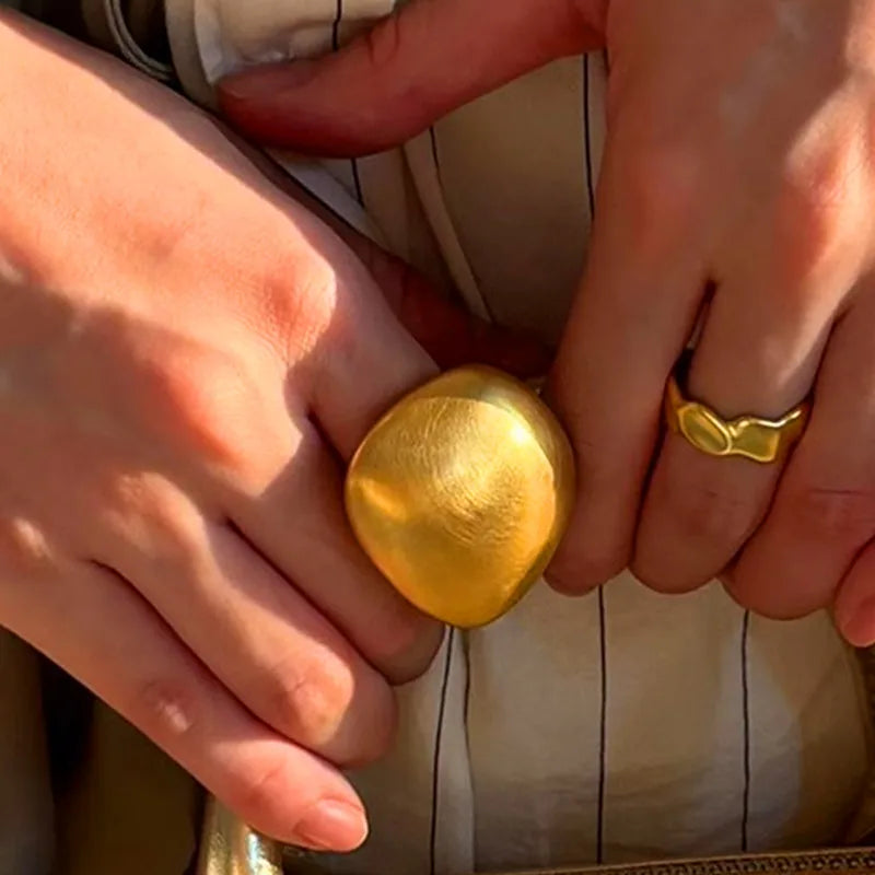 Gold Color Metal Rings Irregular Geometric Wide Noodle Finger Fing for Women Jewelry Retro Light Luxury  New Gift Accessorie