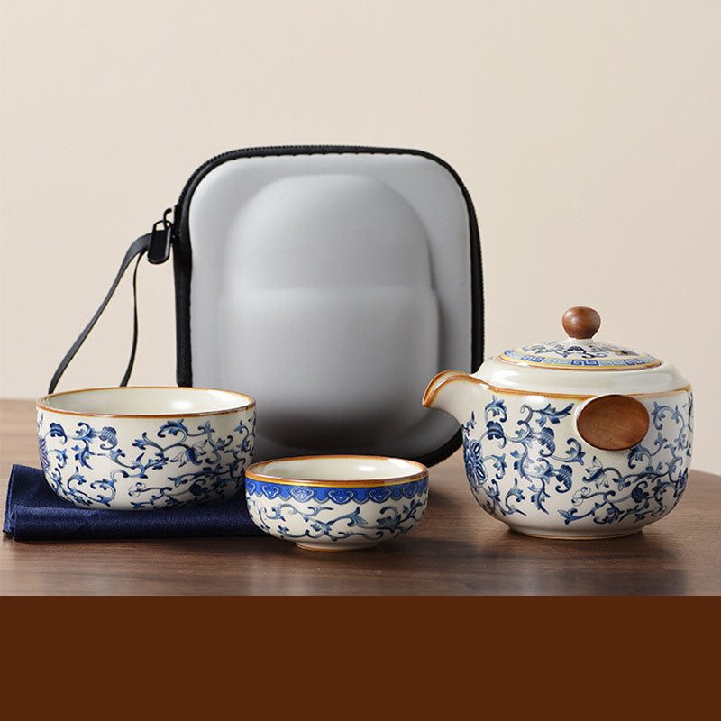Blue and white beige Ru kiln travel tea set one pot three cups outdoor portable entwined lotus ceramic retro teapot