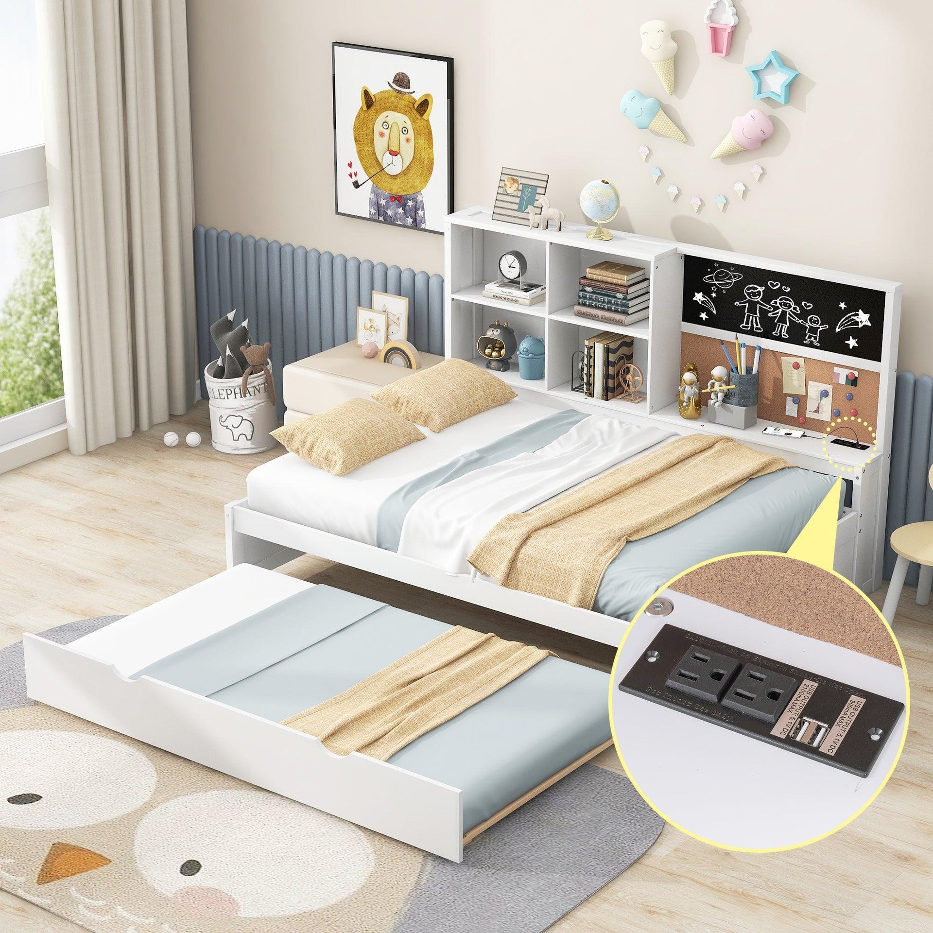 Full Size Daybed with Storage Shelves, Blackboard, Cork board, USB Ports and Twin Size Trundle  White