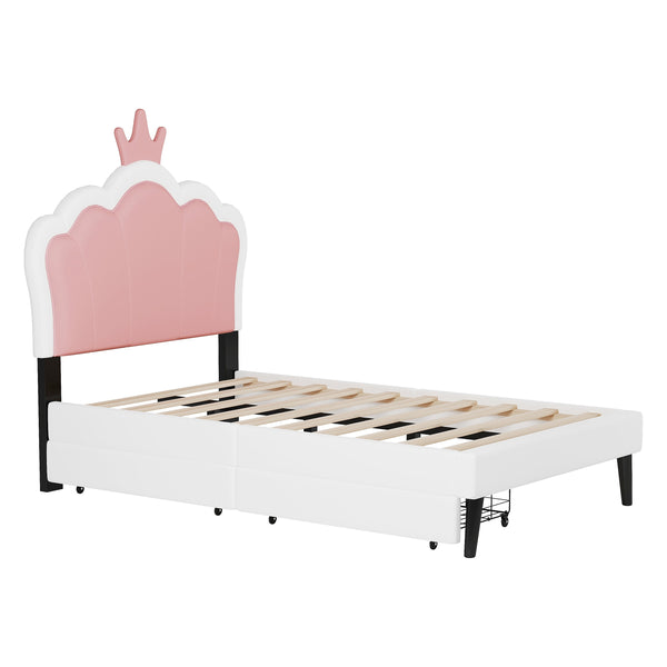 Twin cushion princess bed with crown headboard and 2 drawers with headboard and footrest, pink+white
