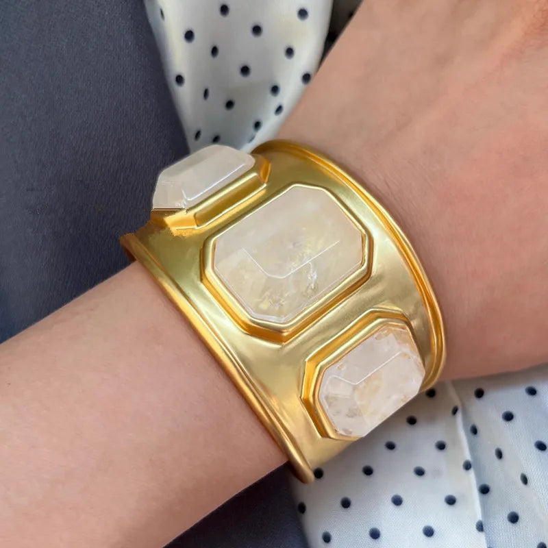 Brass Natural Stone Crystal Open Bracelet Gold Color Metal Bangle for Woman Jewelry Luxury Europe Trend Gifts Accessories