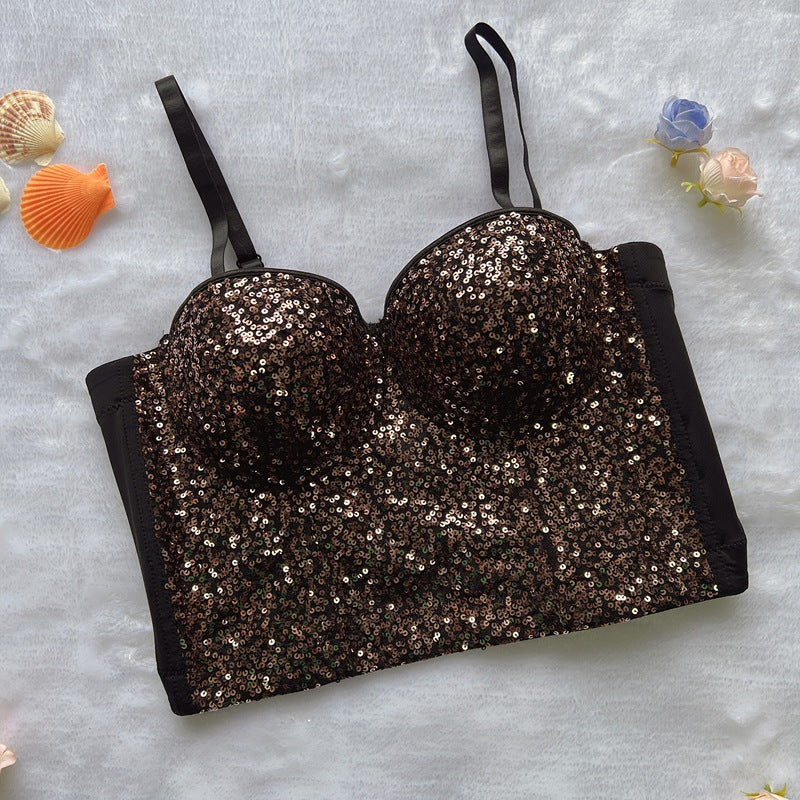 Sexy strapless sequins slim fit and slimming waist tied vest with camisole straps