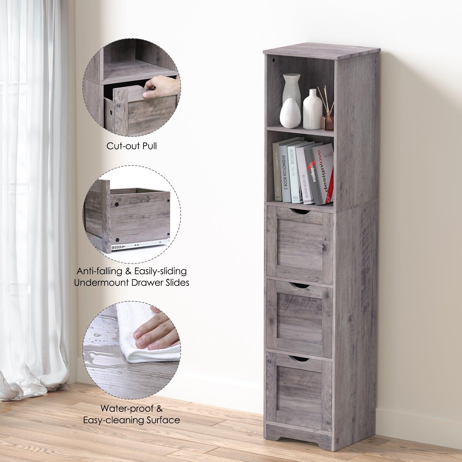 Bathroom Floor Cabinet with 3 Drawers 2 Shelves, Tall Narrow Bathroom Kitchen Pantry Storage Cabinet with Open Compartment Grey