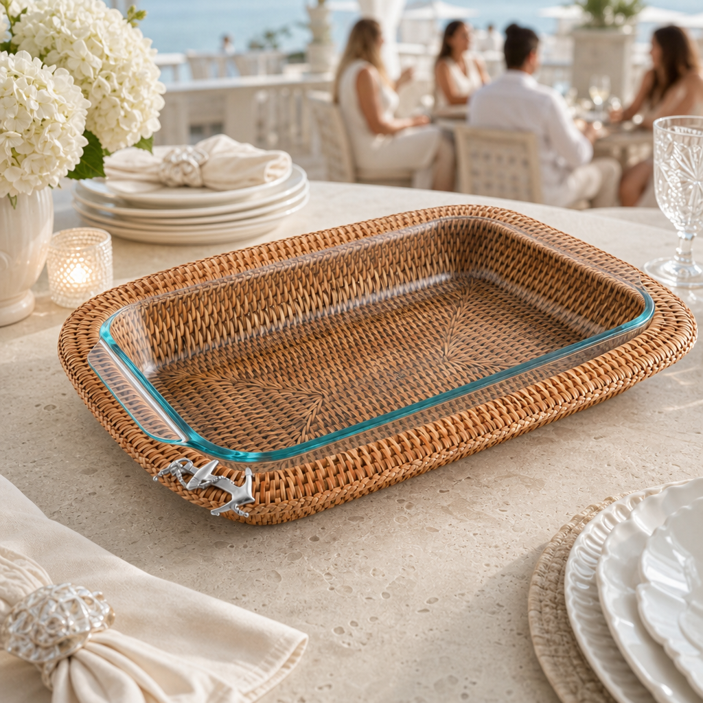 Anchor Hand Woven Wicker Rattan 3qt Rectangular Casserole Holder
